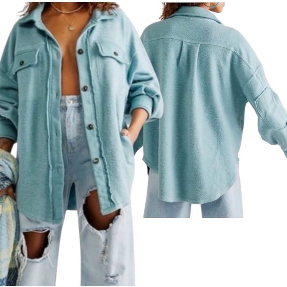 Free People Ruby Jacket Fleece Shacket Blue Oversized‎ OB1034245 Large Women's